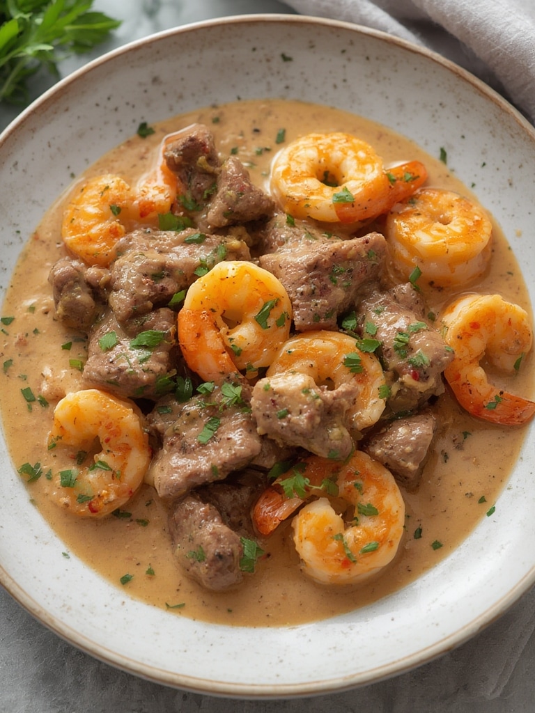 Creamy Steak & Shrimp with Peppercorn Sauce