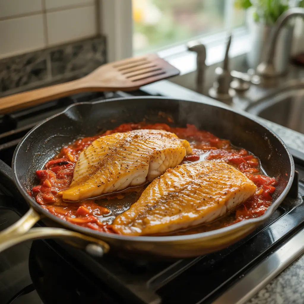 Searing tilapia fillets in a skillet for roasted pepper sauce recipe