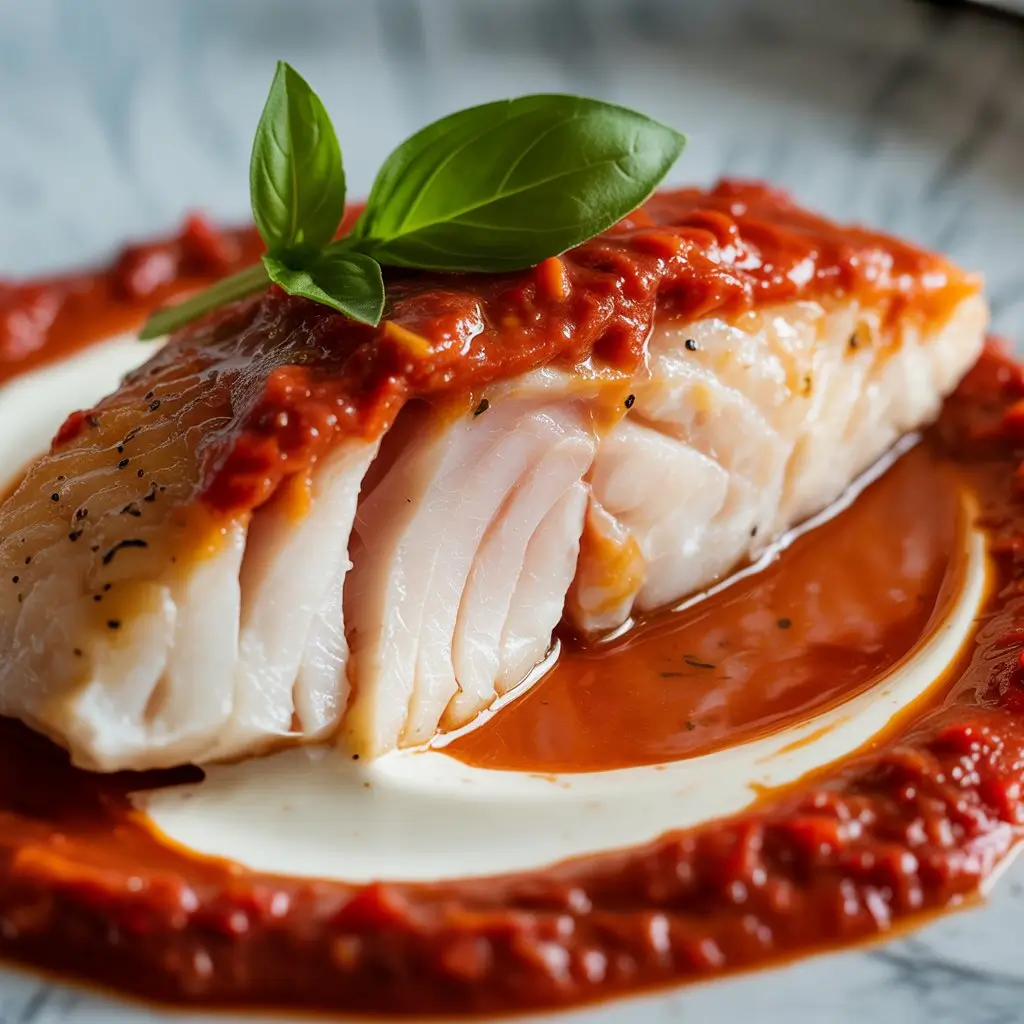 Tilapia fillet with roasted red pepper sauce close up